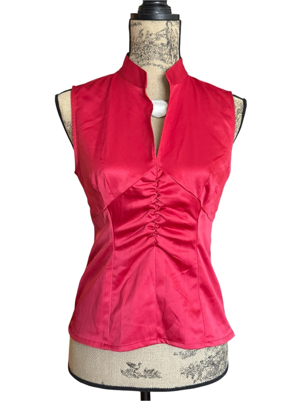 Y2K Red Satin Sleeveless Ruched Mandarin Collar Top Size M